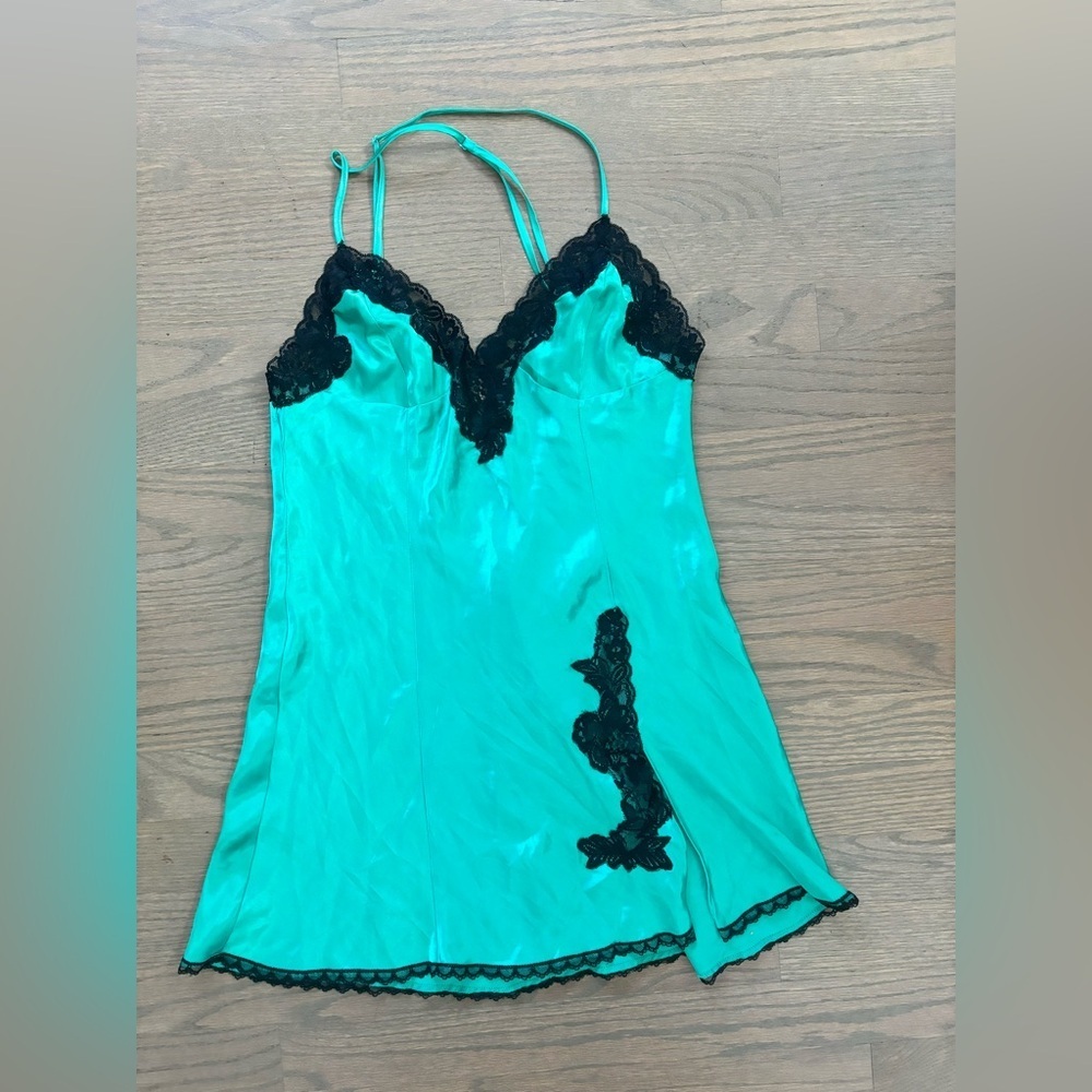 Y2K Vintage Teal Black Fredrick’s of Hollywood slip dress women’s size small